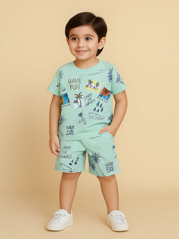 Kidbea Boys Beach Theme Co-Ord Set | Summer Cotton T-Shirt and Shorts for Boys | Cyan