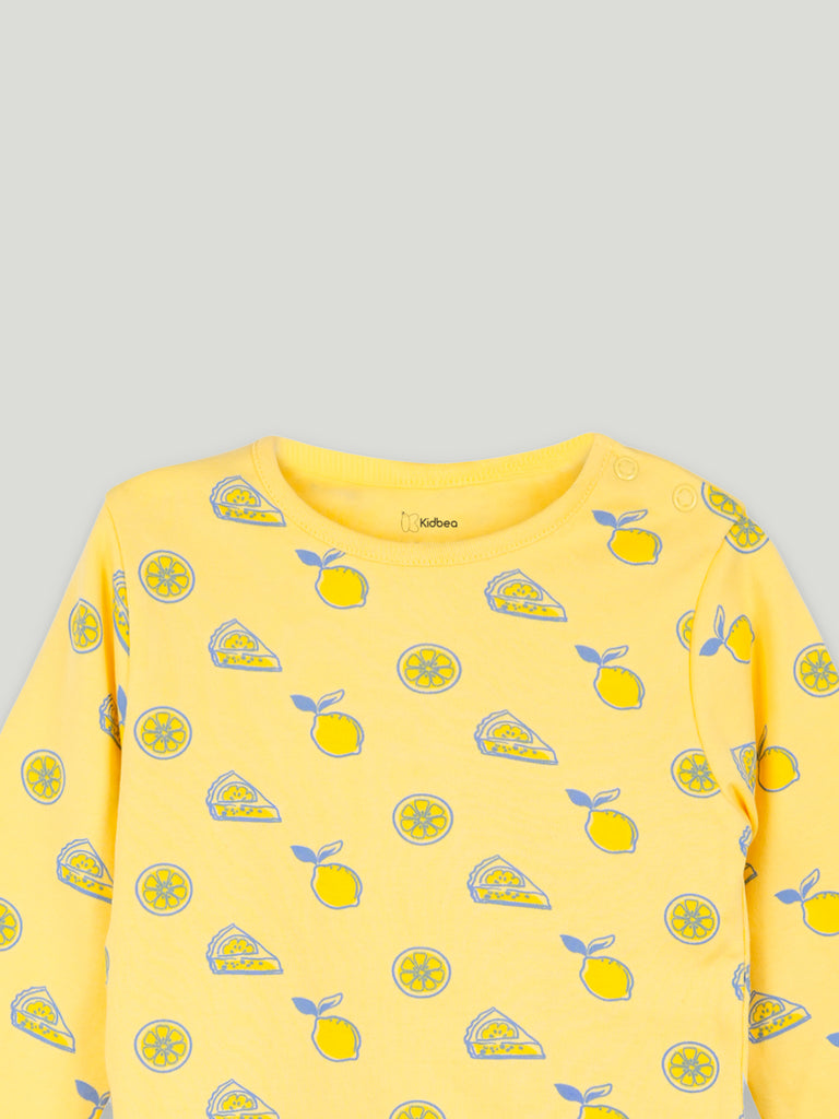 Organic Cotton Unisex Baby Co-ord Set – Soft Breathable Yellow Lemon Print Full Sleeve T-shirt & Pyjama for Infants