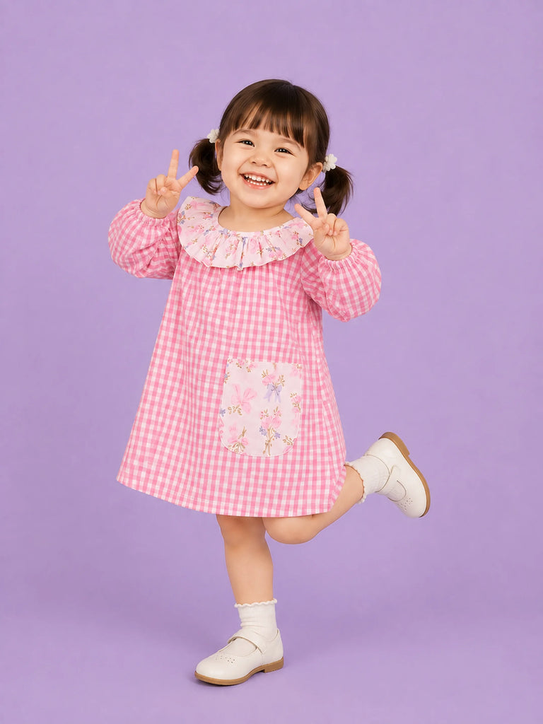 Light Organic Cotton Pink Checkered Floral Collar Frock Dress