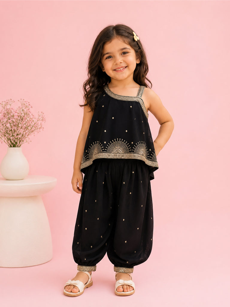 Girls Black Ethnic Crop Top & Dhoti Pants Set – Gold Embroidered Festive Wear