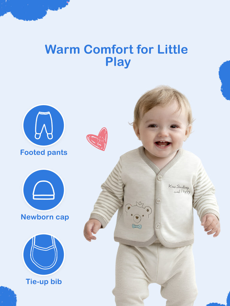 Unisex Baby Winter Wear – 5 Piece Cozy Cotton Set with Cardigan, Pants, Footed Bottom, Cap & Bib