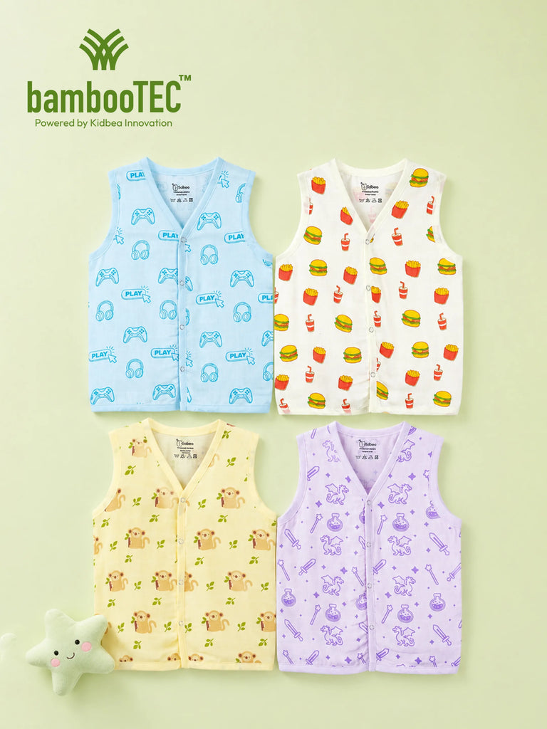 BambooTEC™ Bamboo Muslin Baby Jhabla Pack of 4 – Gaming, Fast Food, Monkey & Magic Prints