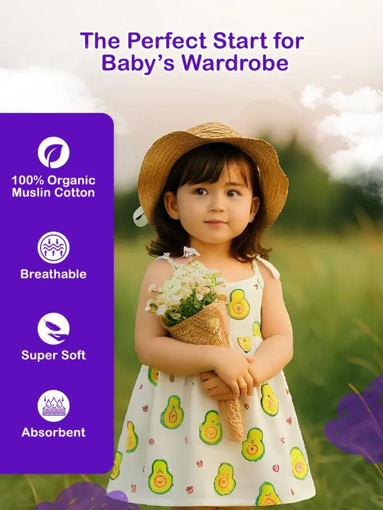 Premium Extra Soft Muslin Baby Girls Frock | Cute Avocado Print