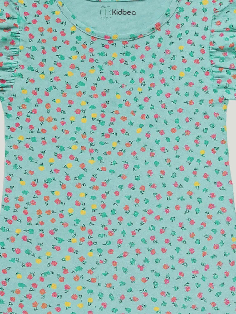 Girl Floral Print Clothing Set | Ruffle Sleeve Top and Matching Shorts | Teal
