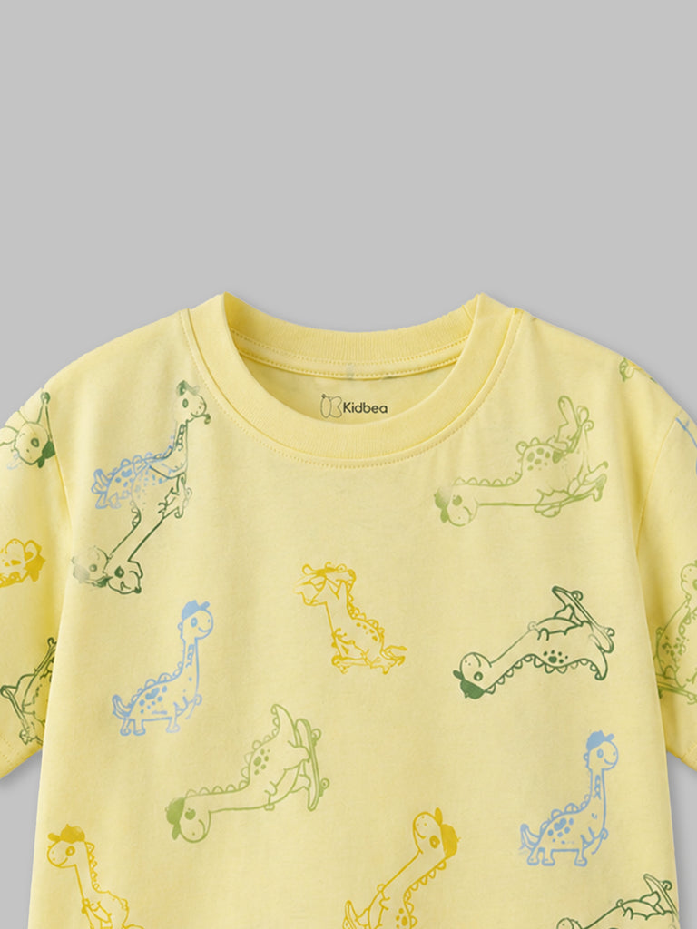 Boys Organic Cotton Yellow Round Neck All-Over Dinosaur Print T-Shirt