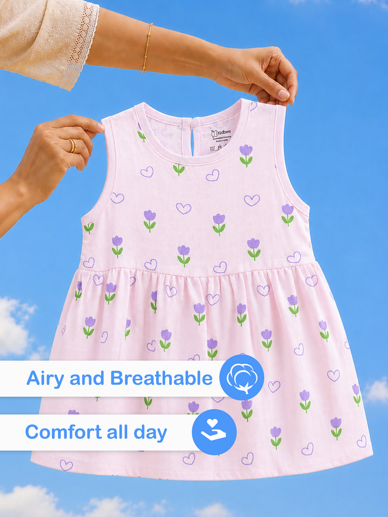 BambooTEC™ Bamboo Muslin Baby Frock – Tulip & Heart Print, Soft & Breathable Dress