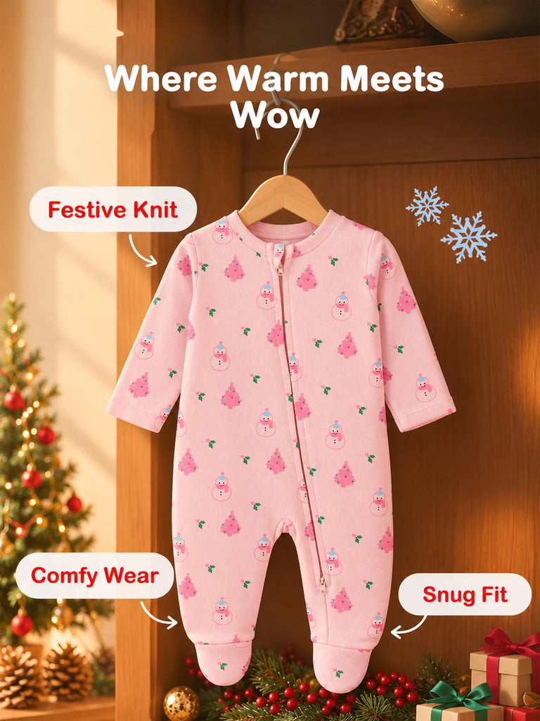 Cotton Baby Girls Footed Romper – Pink Christmas Print Full-Sleeve Romper