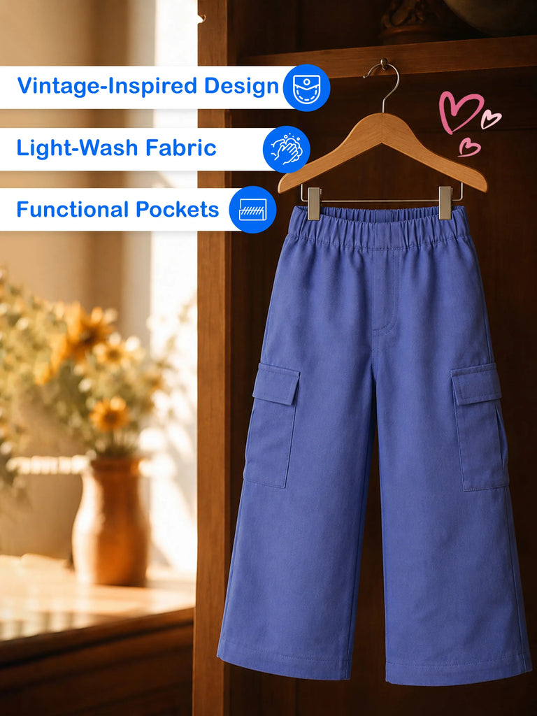 Unisex Blue Cotton Kids Cargo Jogger Pants – Comfortable Everyday Bottomwear