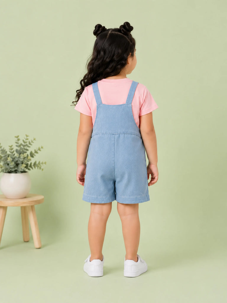 Girls Cotton Denim Dungaree Shorts with Pink T-Shirt Co-ord Set - Light Blue