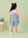 Girls Cotton Denim Dungaree Shorts with Pink T-Shirt Co-ord Set - Light Blue