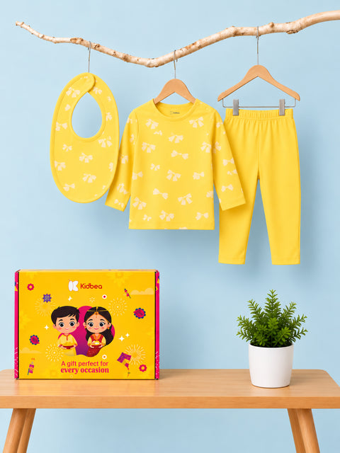 Organic Cotton Baby Clothing Set – Soft Breathable Yellow Bow Print T-Shirt, Pyjama & Bib Set