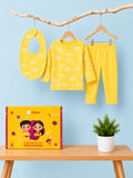 Organic Cotton Baby Clothing Set – Soft Breathable Yellow Bow Print T-Shirt, Pyjama & Bib Set