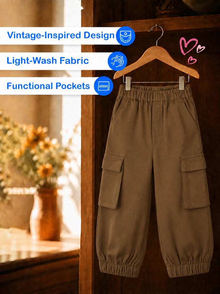 Unisex Cotton Kids Cargo Jogger Pants – Light Brown Comfortable Bottomwear