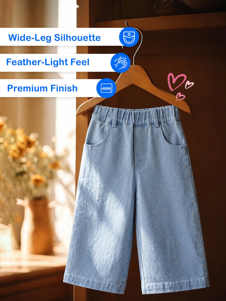 Girls Wide Leg Denim Pants - Light Blue