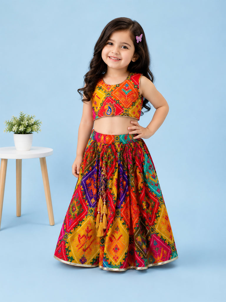 Girls Multicolor Ethnic Crop Top & Skirt Set – Traditional Festive Wear