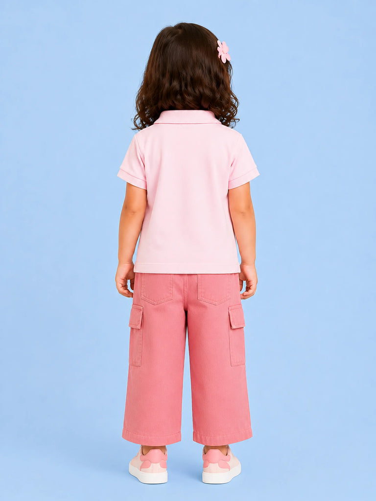 Girls Cotton Co-Ord Set – Pink Polo T-Shirt & Cargo Pants