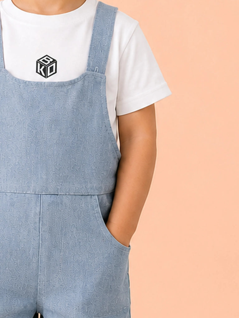 Boys Cotton Denim Dungaree Shorts with White T-Shirt Co-ord Set - Light Blue