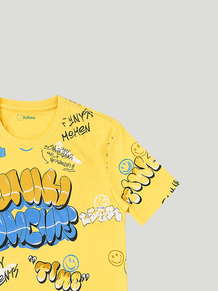 Kidbea Boys Summer Co-Ord Set | Cotton Half Sleeve T-Shirt and Shorts | Yellow