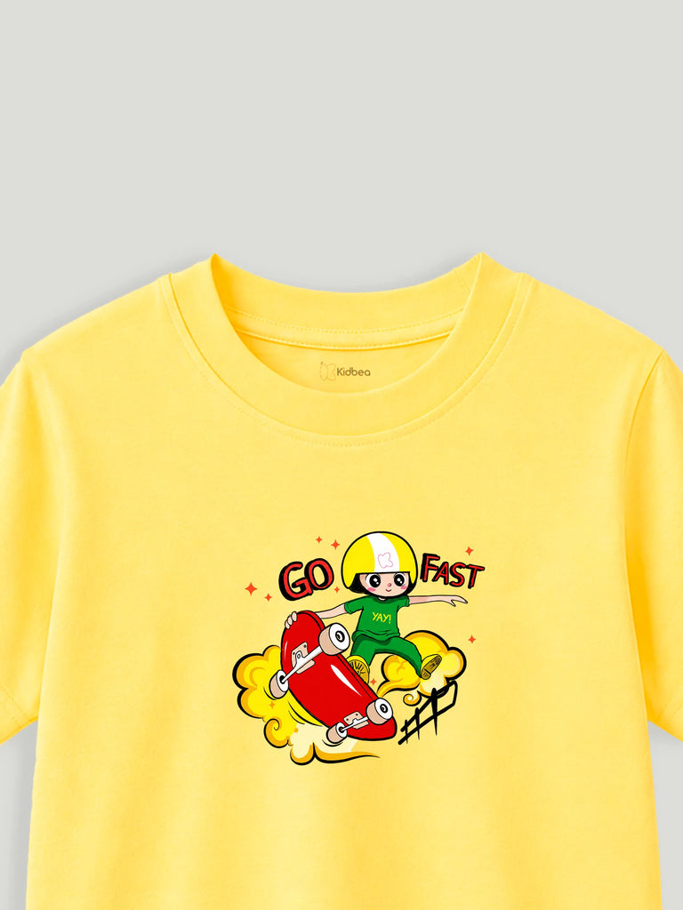 Bamboo Fabric Unisex Kids T-Shirt – Soft Breathable Yellow Skateboard Print Half Sleeve Tee