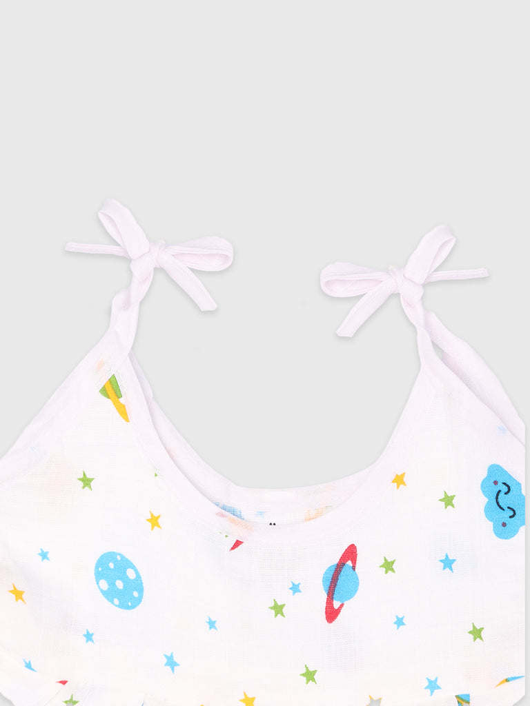 Kidbea Extra Soft Muslin Cotton Fabric Baby Girls Frock | Pack of 5 | Butterfly, Mickey, Space, Rainbow and Cute Chick | Print May Vary