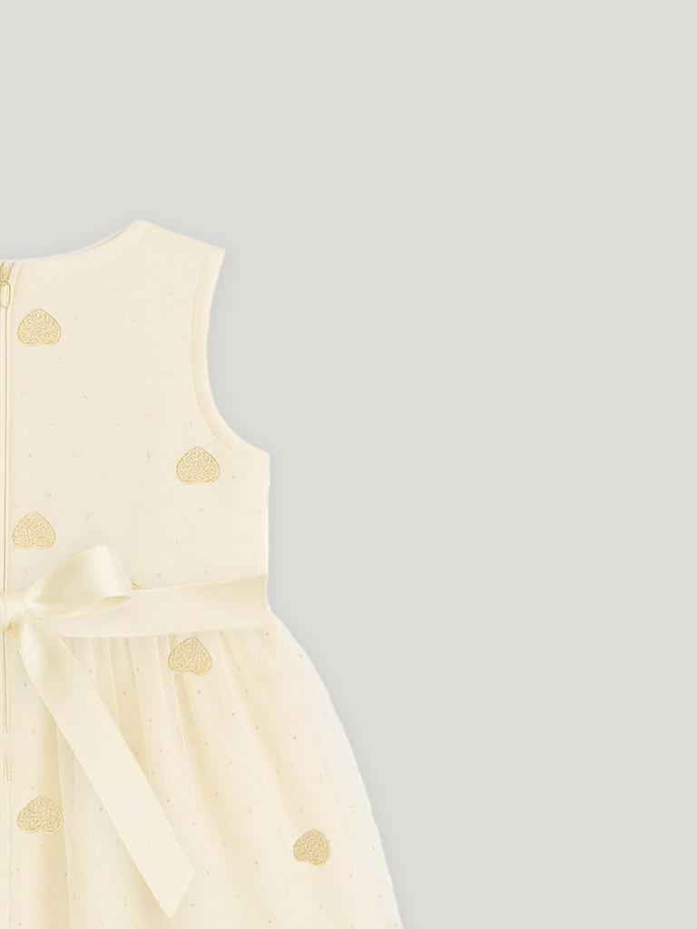 Kidbea Baby Girl Party/Birthday Dress | Sleeveless Stylish Frock with White Heart Embroidery & Tulle Layer | Ideal for Toddlers & Infants Cream