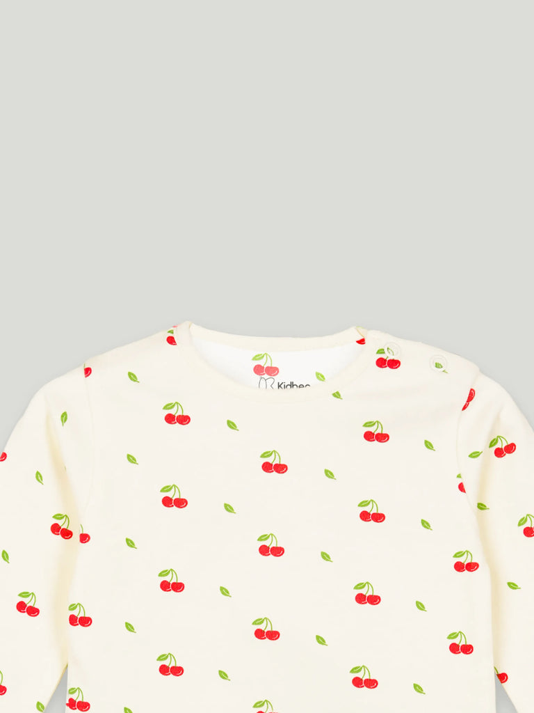 Organic Cotton Unisex Baby Co-ord Set – Soft Breathable Cream Cherry Print Full Sleeve T-shirt & Pyjama for Infants
