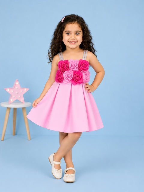 Girls Pink Partywear Frock – 3D Rose Flower Flared Dress