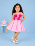 Girls Pink Partywear Frock – 3D Rose Flower Flared Dress