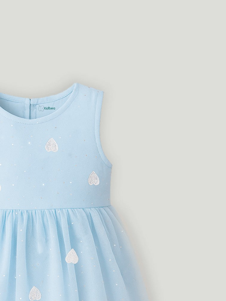 Kidbea Baby Girl Party/Birthday Dress | Sleeveless Stylish Frock with White Heart Embroidery & Tulle Layer | Ideal for Toddlers & Infants Blue