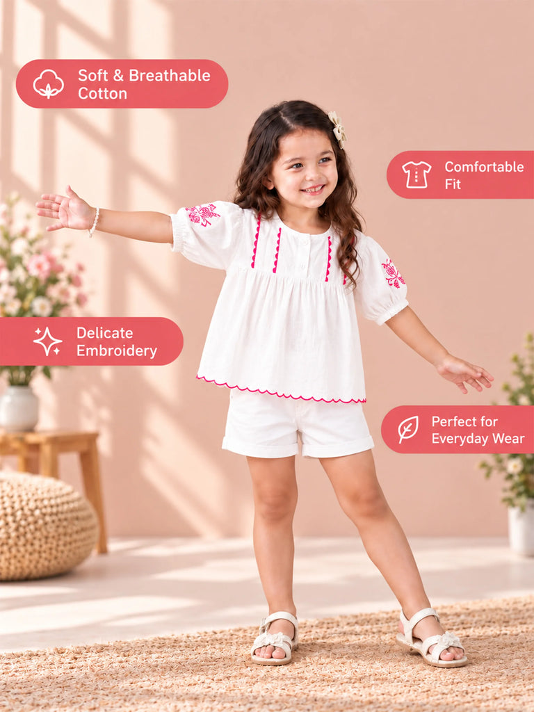Girls Cotton Dress – White 3/4 Sleeve Dress with Red Embroidery & Scalloped Details