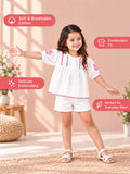 Girls Cotton Dress – White 3/4 Sleeve Dress with Red Embroidery & Scalloped Details