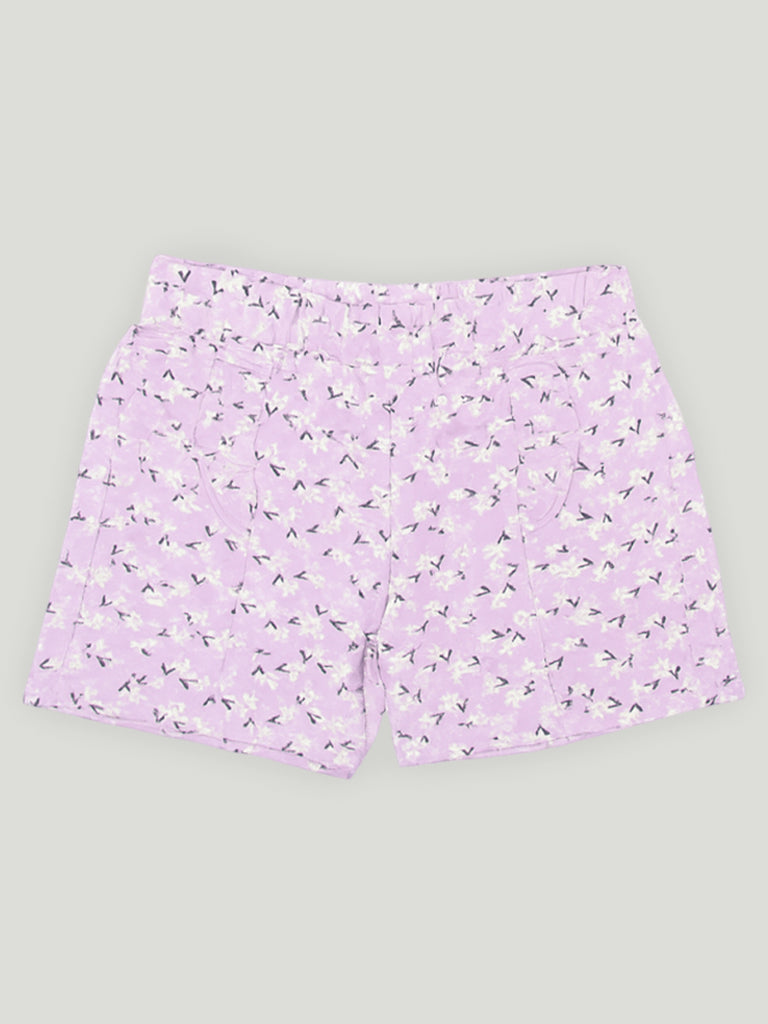 Girls Floral Print Sleeveless Tank Top and Elastic Waist Shorts Clothing Set | Purple