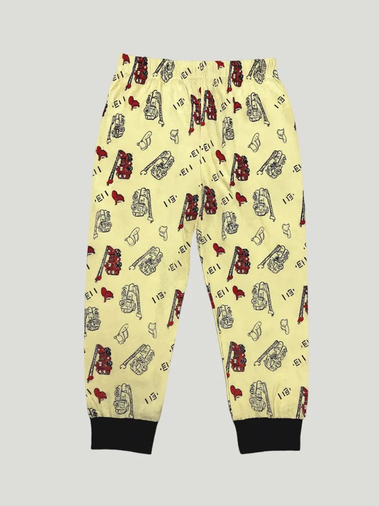 Unisex Kids Cotton Nightsuit Set | Firetruck Print | Full Sleeves Pajamas | Cream