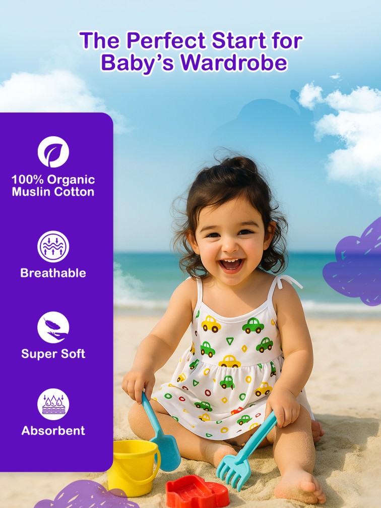 Premium Extra Soft Muslin Baby Girls Frock | Cute Car Print