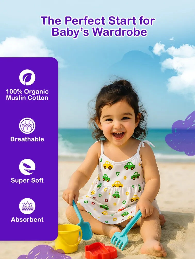 Premium Extra Soft Muslin Baby Girls Frock | Cute Car Print