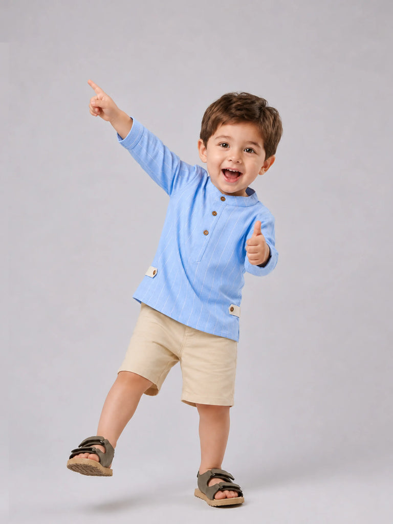 Light Organic Cotton Sky Blue Shirt & Beige Shorts Co-ord Set