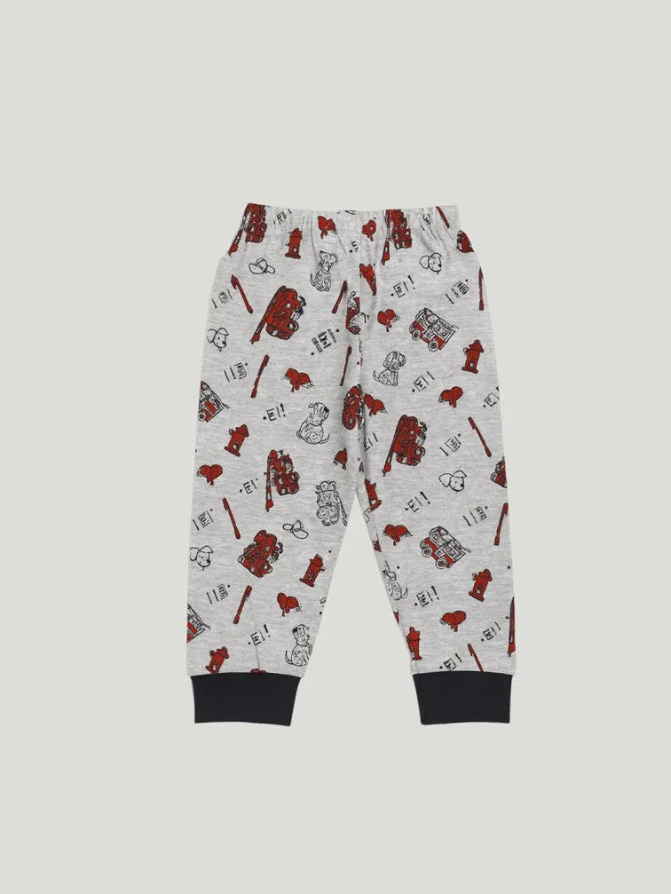 Unisex Kids Cotton Nightsuit Set | Firetruck Print  | Full Sleeves Pajamas | Grey