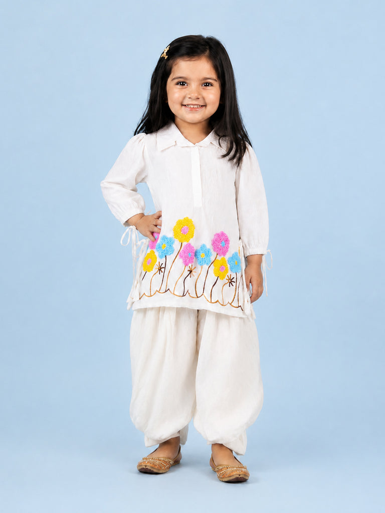 Girls White Embroidered Kurta & Dhoti Set – Colorful Floral Festive Wear