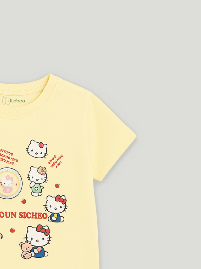 Kidbea Girls Cotton T-Shirt | Cute Hello Kitty Cartoon Print | Soft & Breathable | Casual Summer Wear for Toddlers & Kids Yellow