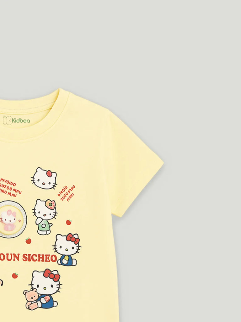 Girls Cotton T-Shirt | Cute Hello Kitty Cartoon Print | Soft & Breathable | Casual Summer Wear for Toddlers & Kids Yellow