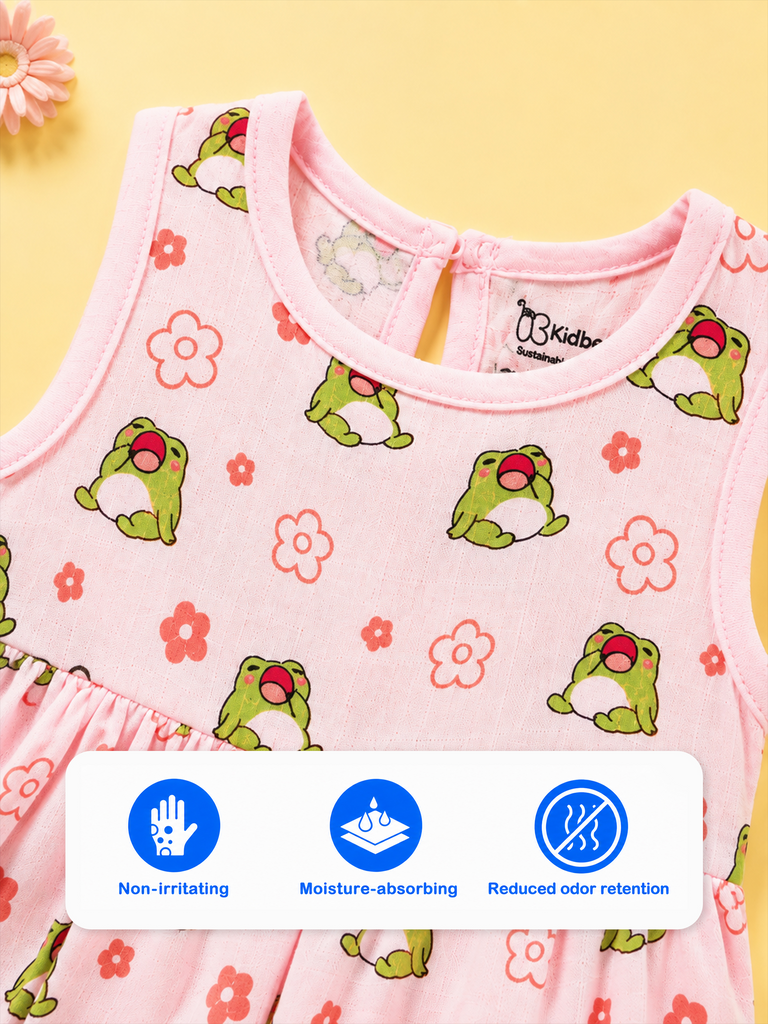BambooTEC™ Bamboo Muslin Baby Frock – Frog & Floral Print, Soft & Breathable Dress
