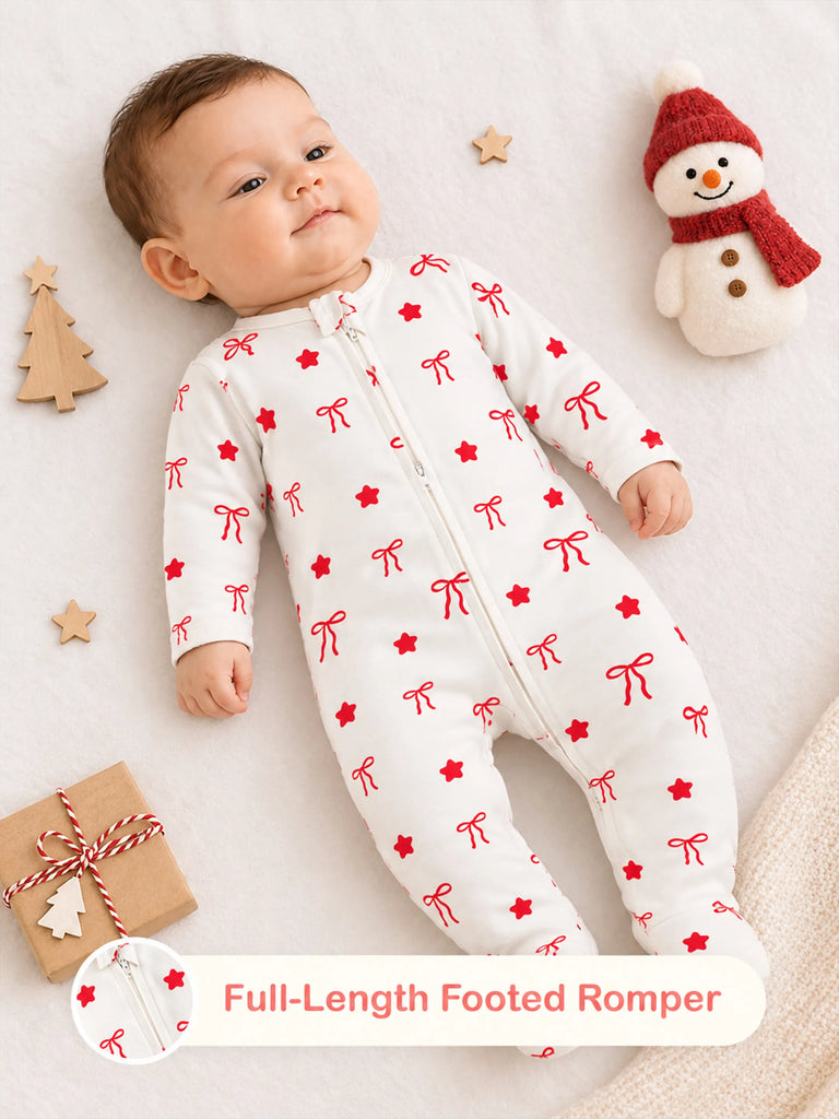 Cotton Baby Footed Romper – White Bow & Star Print Full-Sleeve Romper