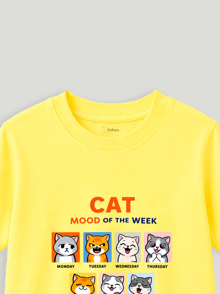 Bamboo Fabric Unisex Kids T-Shirt – Cat Mood Print Soft Breathable Tee
