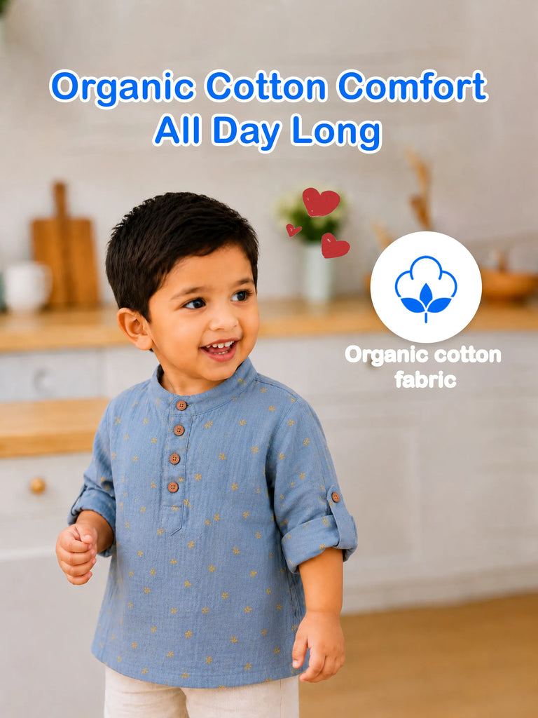 Organic Cotton Boys Mandarin Collar Full Sleeve Shirt - Sky Blue