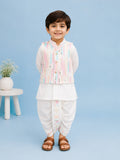 Boys White Kurta & Dhoti Set – Pastel Printed Jacket Festive Wear