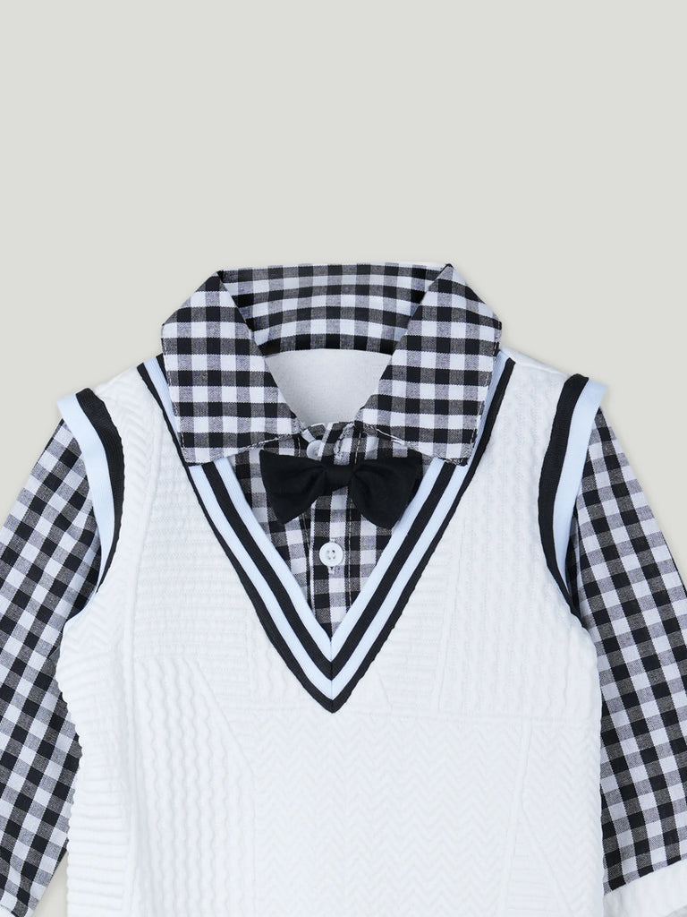 Baby Boy Formal Romper with Bow Tie – Soft Cotton Check Shirt Style Party Outfit for Infants