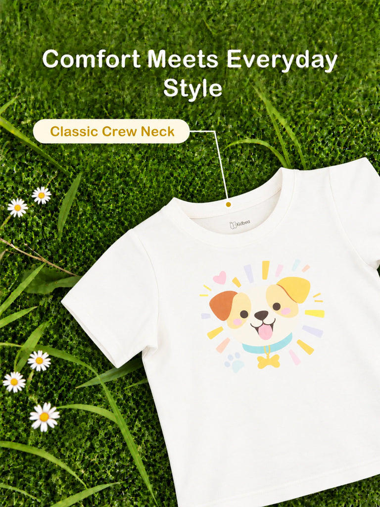 Girls White Top – Cute Puppy Print with Round Neck