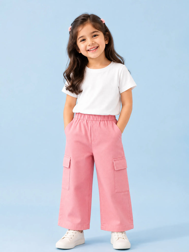 Girls Pink Cotton Cargo Pants – Comfortable & Stylish Everyday Bottomwear