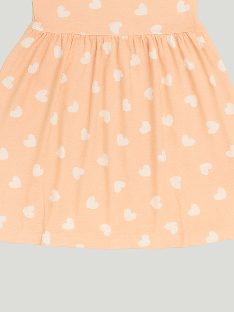 Kidbea Girls Cotton Frock | Heart Printed Dress for Summer | Ruffle Sleeves | Pink