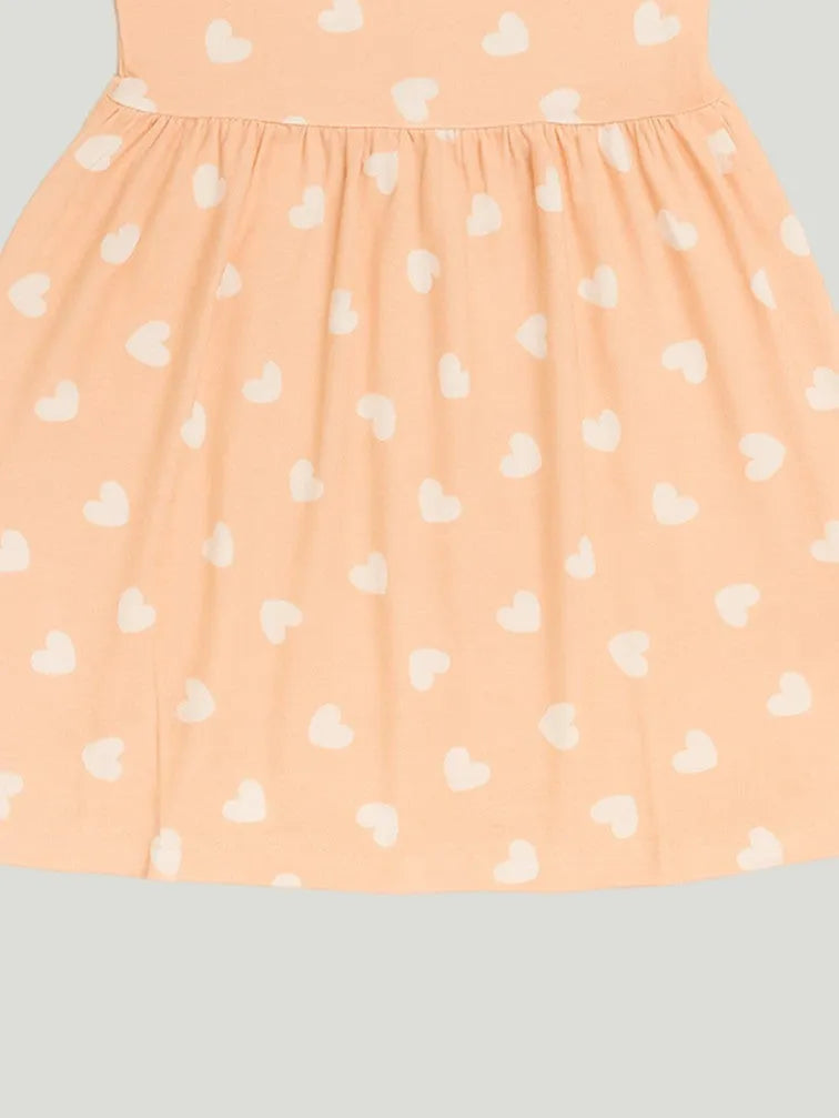 Kidbea Girls Cotton Frock | Heart Printed Dress for Summer | Ruffle Sleeves | Pink